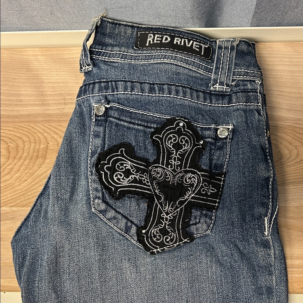 Red Rivet Denim Jeans with Black Embroidered Cross for womens size 1